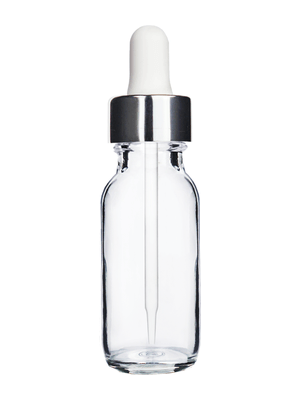 Boston round design 15ml, 1/2 oz  Clear glass bottle and white dropper with a shiny silver trim cap.