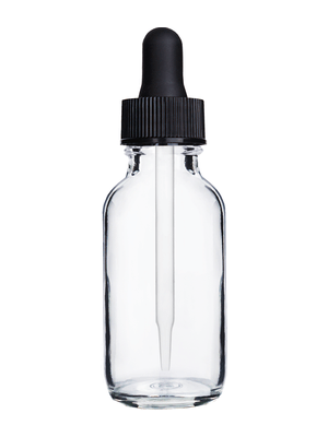 Boston round design 30ml, 1oz Clear glass bottle with black dropper.