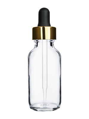 Boston round design 30ml, 1oz Clear glass bottle and black dropper with a shiny gold trim cap.