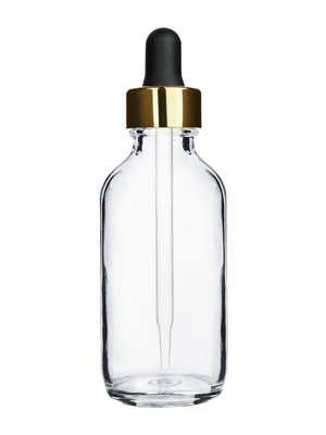 Boston round design 2 ounce clear glass bottle and black dropper with a shiny gold trim cap,