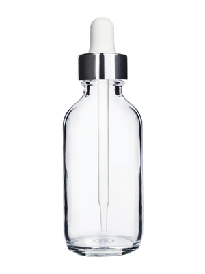 Boston round design 2 ounce clear glass bottle and white dropper with a shiny silver trim cap,