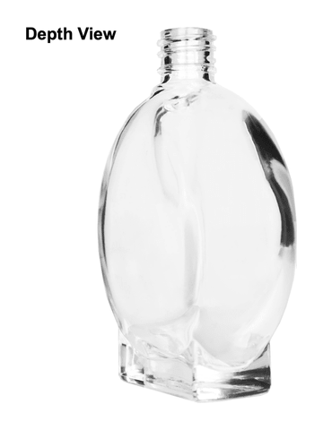 Circle design 100 ml, 3 1/2oz  clear glass bottle  with reducer and black faux leather cap.