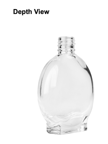 Circle design 30 ml, clear glass bottle with sprayer and shiny silver cap.