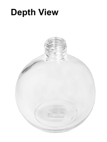 Round design 78 ml, 2.65oz  clear glass bottle  with reducer and black faux leather cap.