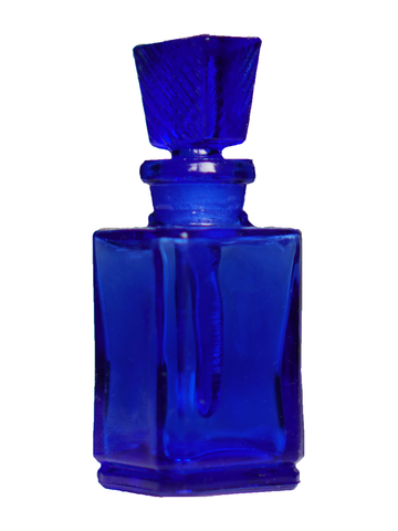 Blue glass rectangular shaped bottle with glass stopper. Capacity : 9ml (1/3oz)