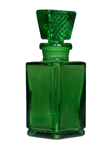 Green glass rectangular shaped bottle with glass stopper. Capacity : 9ml (1/3oz)