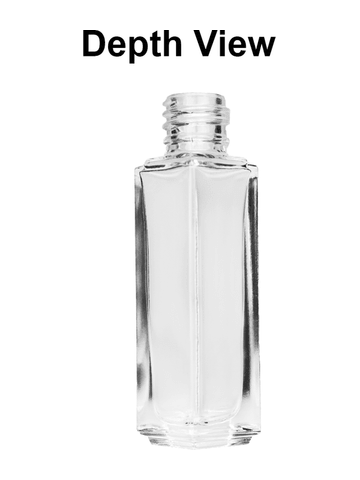 Sleek design 8ml, 1/3oz Clear glass bottle with shiny silver cap.