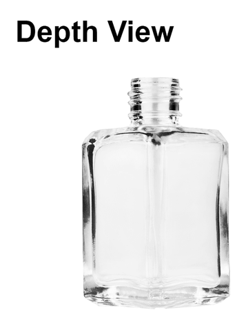 Square design 15ml, 1/2oz Clear glass bottle with short black ridged cap.