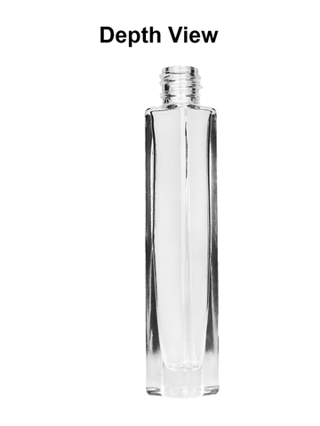 Tall rectangular design 10ml, 1/3oz Clear glass bottle with metal roller ball plug and black shiny cap.
