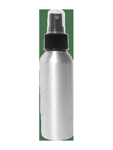 Cylinder shaped, matte aluminum 100 ml bottle with black sprayer.