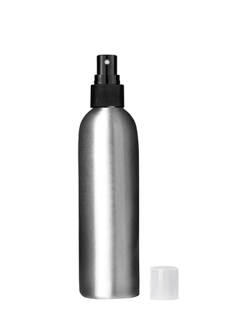 Cylinder shaped, matte aluminum 250 ml bottle with black sprayer.