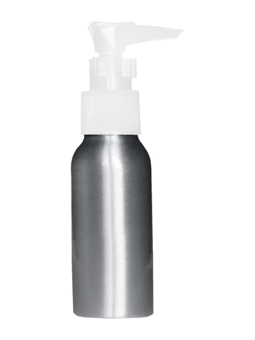 Cylinder shaped, brushed aluminum 65 ml bottle with lotion white.