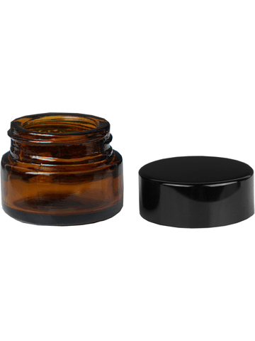 Cream glass jar style 5 ml amber bottle with black cap.