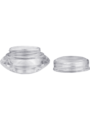 Plastic, cream jar style 3 ml bottle with clear cap.