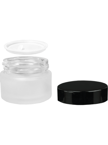 Glass, cream jar style 40 ml frosted bottle with black cap.