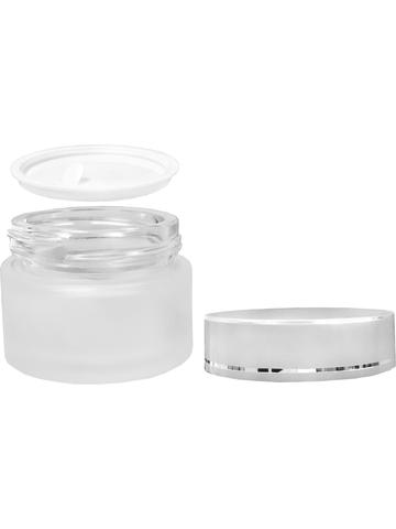 Glass, cream jar style 40 ml frosted bottle with silver cap.