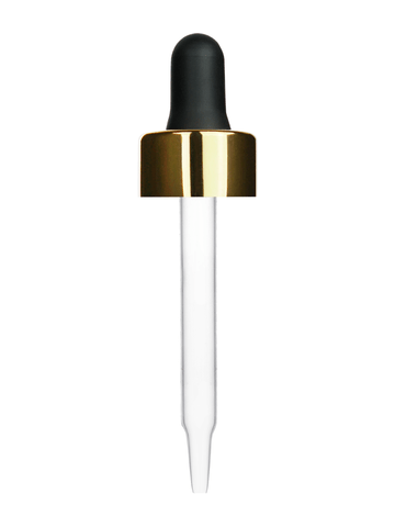 Black rubber bulb dropper with shiny gold collar cap. Glass stem length is 66 mm, Thread size 18-400