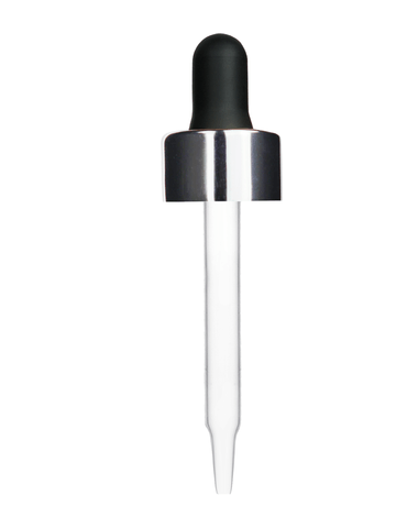 Black rubber bulb dropper with shiny silver collar cap. Glass stem length is 66 mm, Thread size 18-400