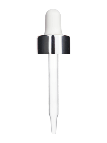 White rubber bulb dropper with shiny silver collar cap. Glass stem length is 66 mm, Thread size 18-400