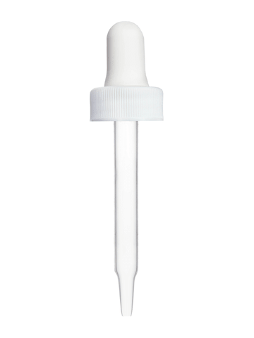 White rubber bulb dropper with white cap. Glass stem length is 66 mm, Thread size 18-400