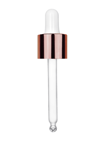 White rubber bulb dropper with shiny copper collar cap. Thread size 18-415