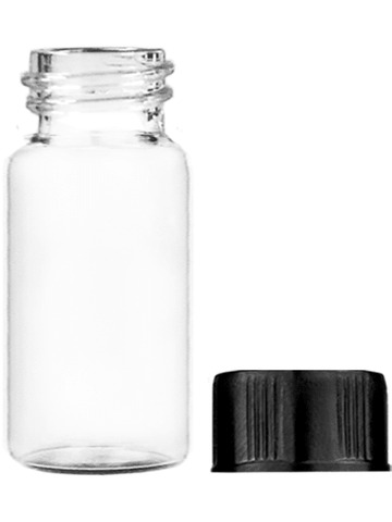 Cylinder design 9 ml clear glass vial with black short cap.