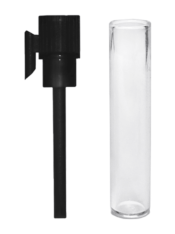 Vial style 1 ml clear glass bottle with black applicator.