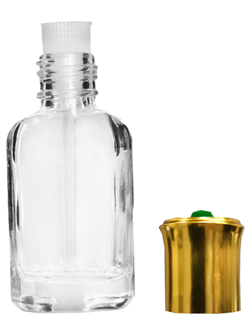 Octagonal style 6 ml glass bottle with shiny gold cap and red bead.
