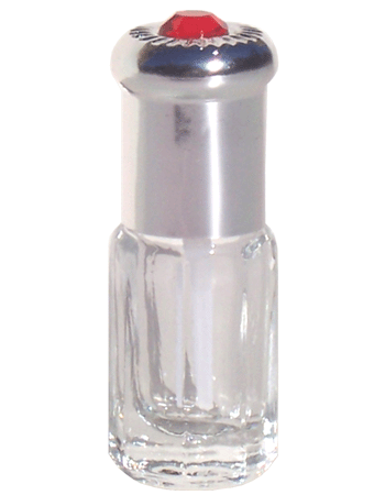 Octagonal style 6 ml glass bottle with shiny silver cap and blue bead.