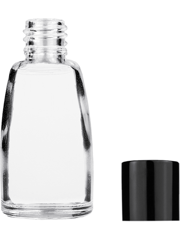 Empty Clear glass bottle with short shiny black cap capacity: 10ml. For use with perfume or fragrance oil, essential oils, aromatic oils and aromatherapy.