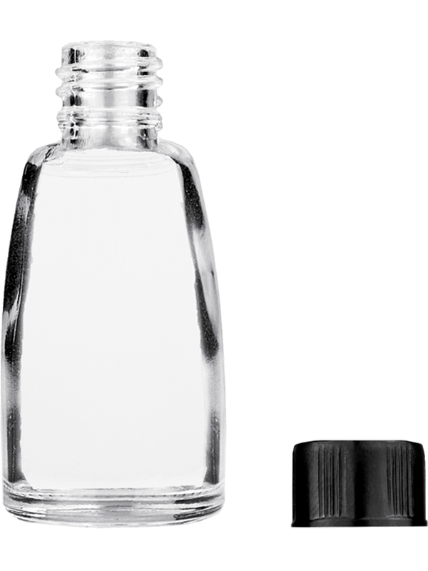 Bell design 10ml Clear glass bottle with short black ridged cap.