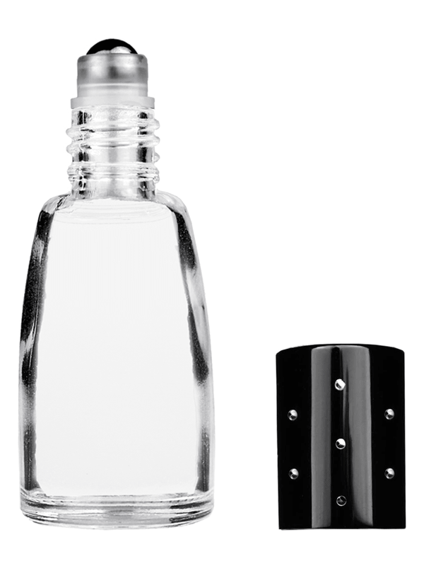 Bell design 10ml Clear glass bottle with metal roller ball plug and black shiny cap with dots.