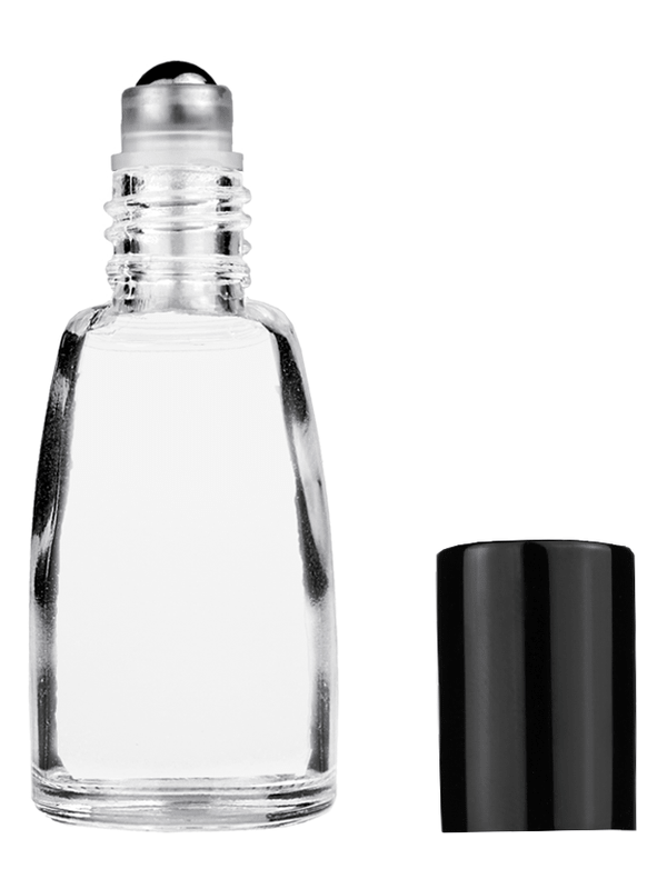 Bell design 10ml Clear glass bottle with metal roller ball plug and black shiny cap.