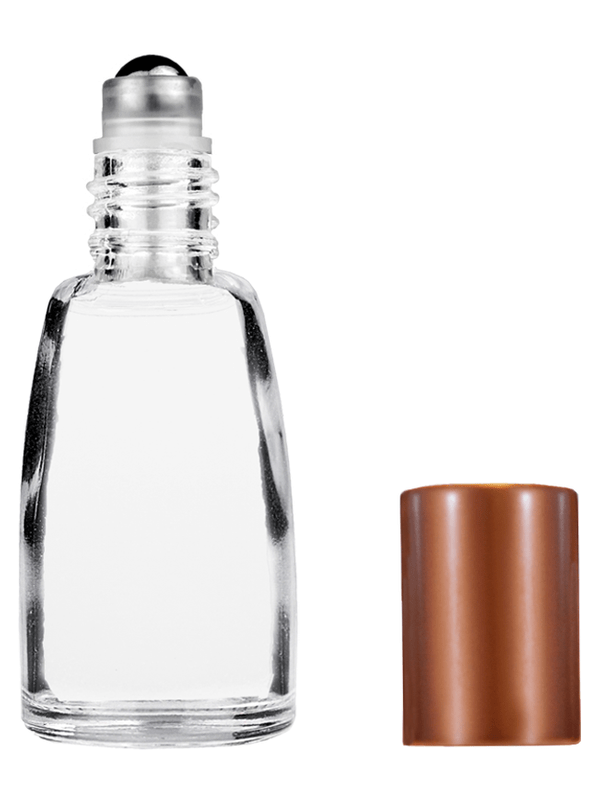 Bell design 10ml Clear glass bottle with metal roller ball plug and matte copper cap.