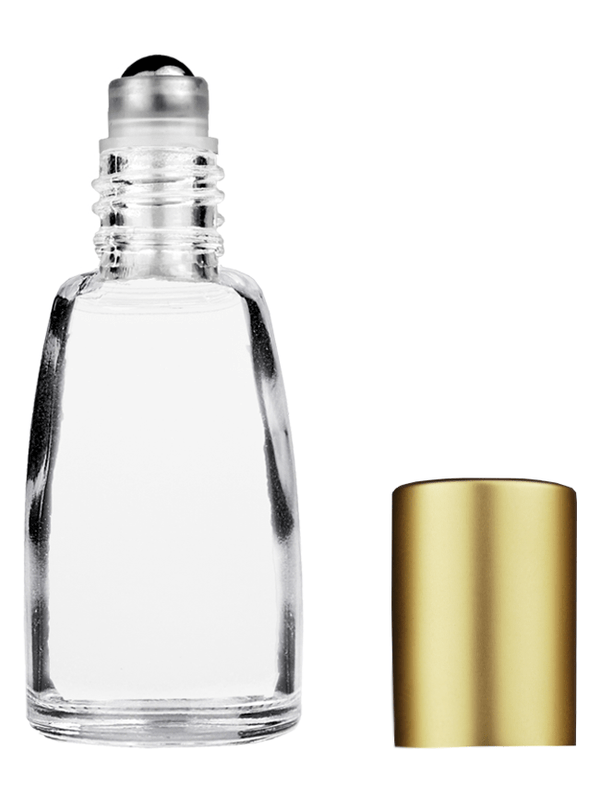Bell design 10ml Clear glass bottle with metal roller ball plug and matte gold cap.