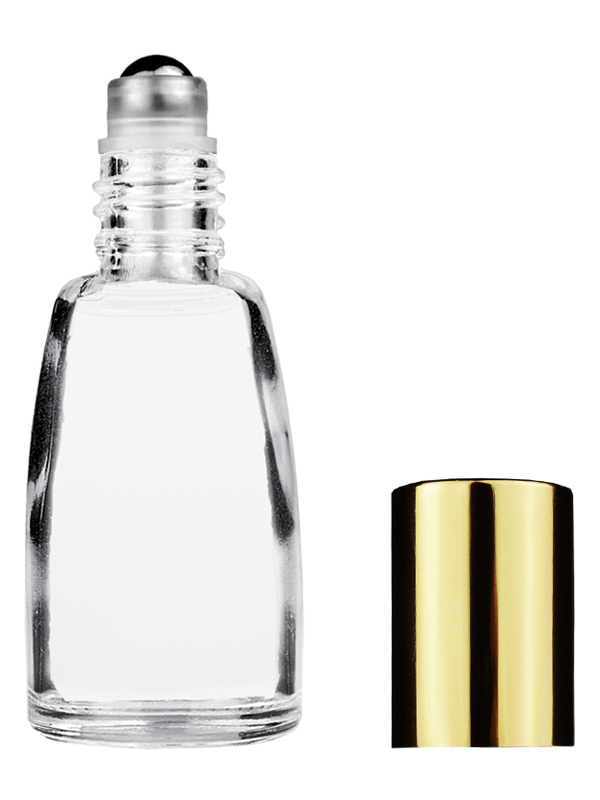 Bell design 10ml Clear glass bottle with metal roller ball plug and shiny gold cap.