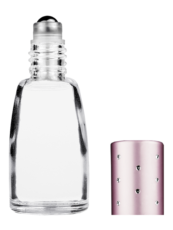 Bell design 10ml Clear glass bottle with metal roller ball plug and pink cap with dots.