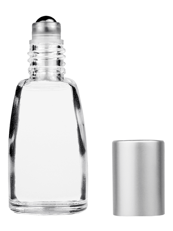 Bell design 10ml Clear glass bottle with metal roller ball plug and matte silver cap.