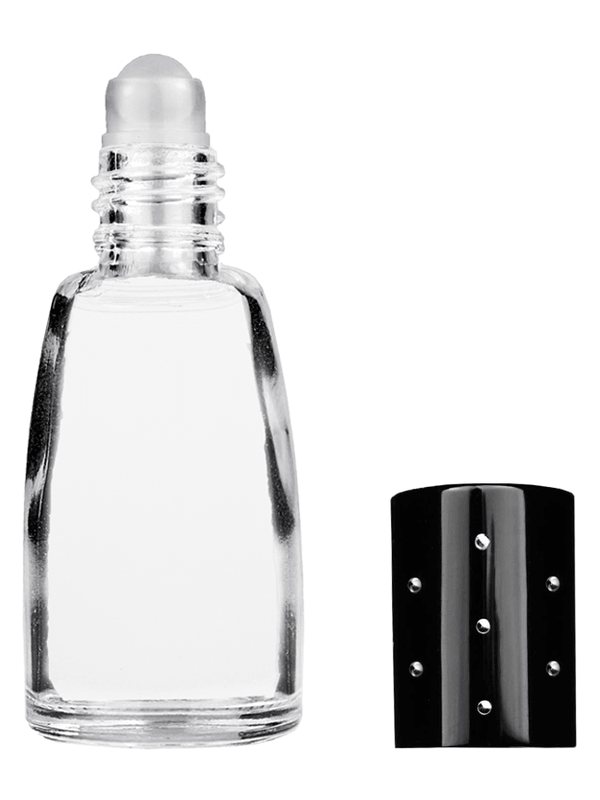 Bell design 10ml Clear glass bottle with plastic roller ball plug and black shiny cap with dots.
