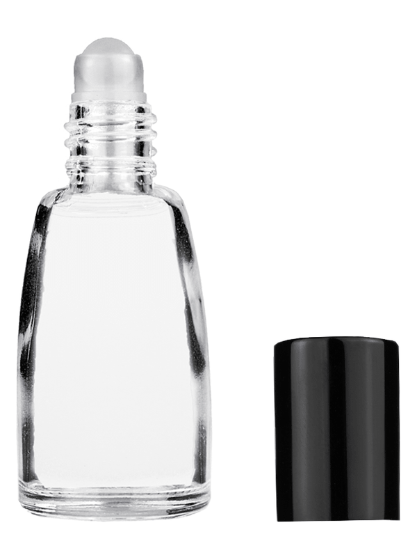 Bell design 10ml Clear glass bottle with plastic roller ball plug and black shiny cap.