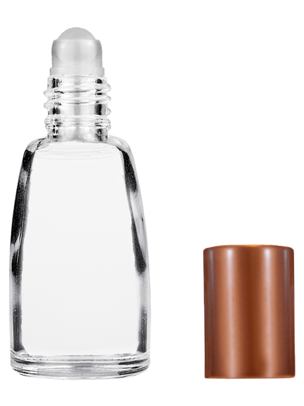 Bell design 10ml Clear glass bottle with plastic roller ball plug and matte copper cap.