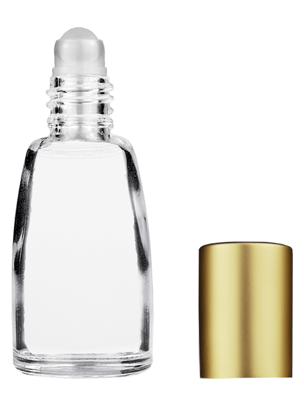 Bell design 10ml Clear glass bottle with plastic roller ball plug and matte gold cap.