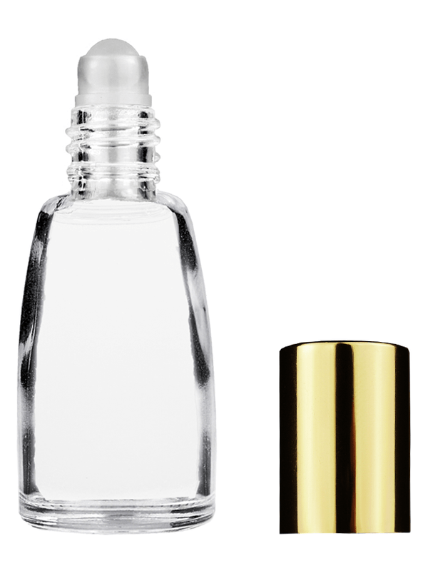 Bell design 10ml Clear glass bottle with plastic roller ball plug and shiny gold cap.