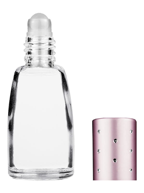 Bell design 10ml Clear glass bottle with plastic roller ball plug and pink cap with dots.