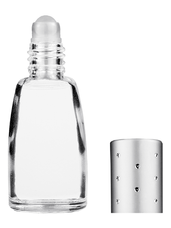 Bell design 10ml Clear glass bottle with plastic roller ball plug and silver cap with dots.