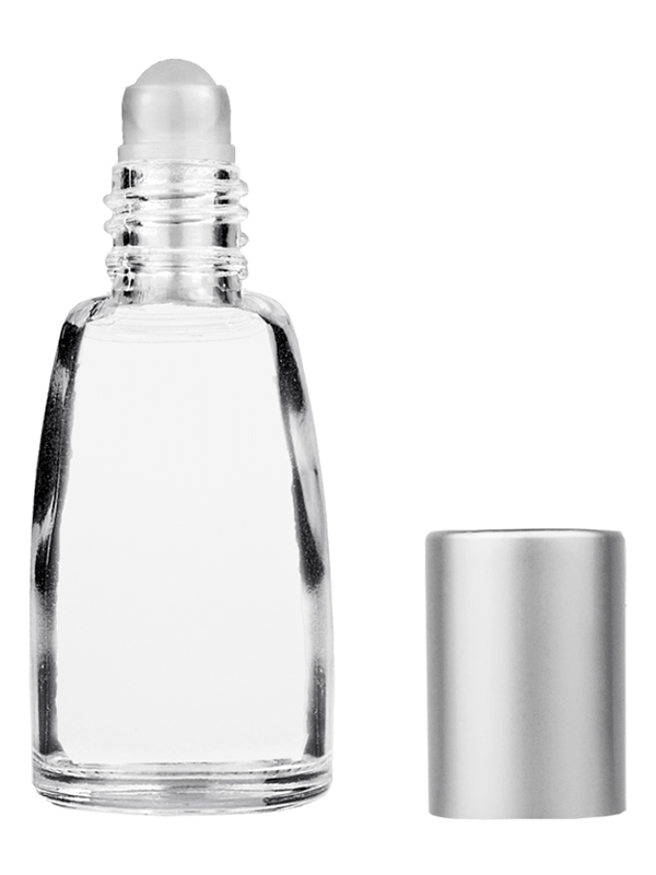 Bell design 10ml Clear glass bottle with plastic roller ball plug and matte silver cap.