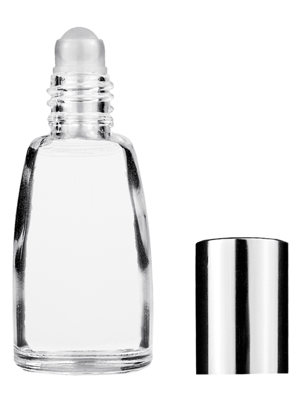 Bell design 10ml Clear glass bottle with plastic roller ball plug and shiny silver cap.