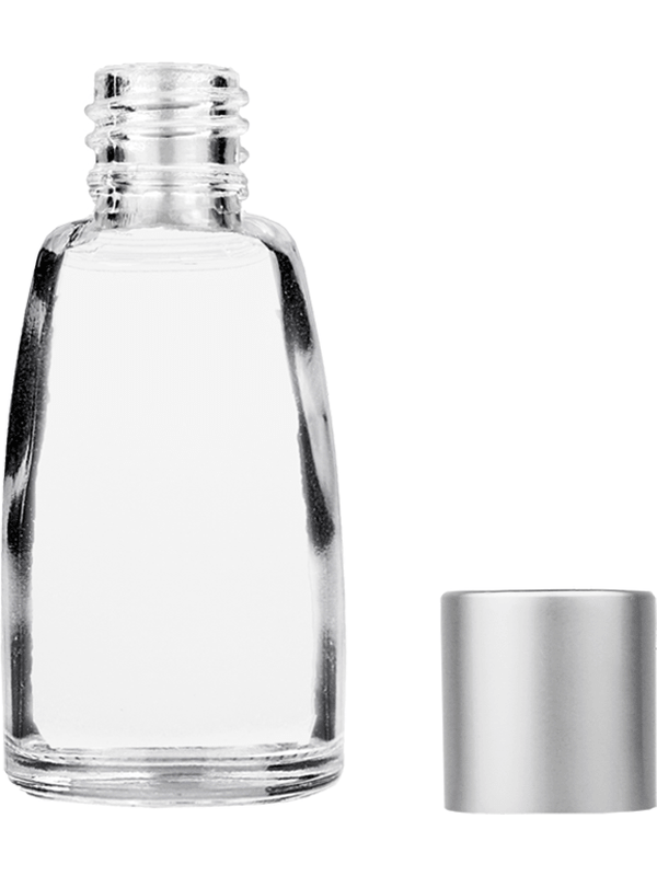 Empty Clear glass bottle with short matte silver cap capacity: 10ml. For use with perfume or fragrance oil, essential oils, aromatic oils and aromatherapy.