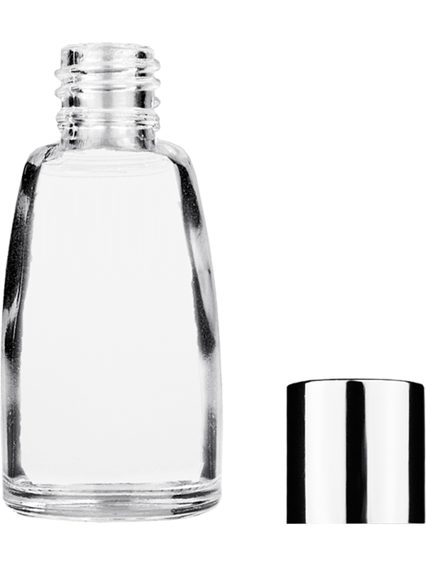 Empty Clear glass bottle with short shiny silver cap capacity: 10ml. For use with perfume or fragrance oil, essential oils, aromatic oils and aromatherapy.