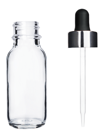 Boston round design 15ml, 1/2 oz  Clear glass bottle and black dropper and a shiny silver trim cap.